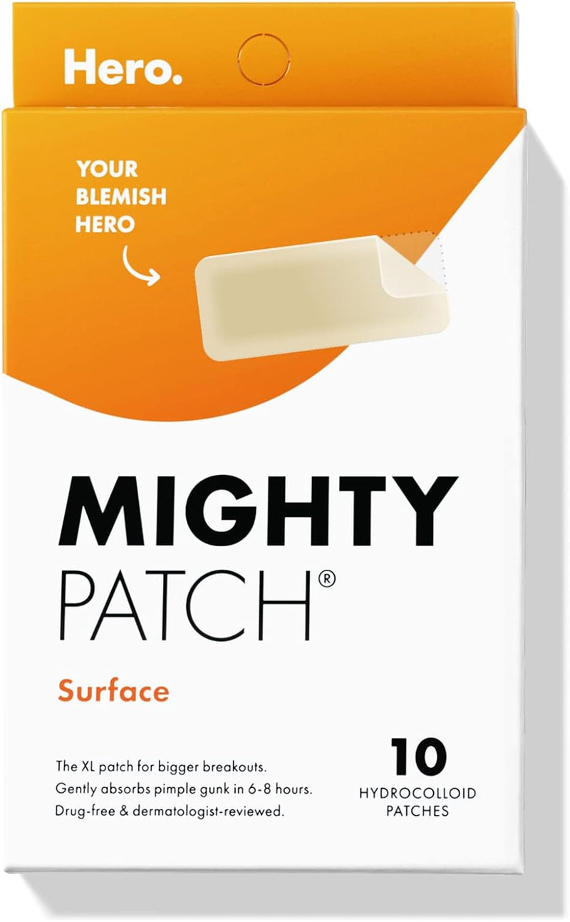 Mighty Patch Surface - Hydrocolloid Large Acne Pimple Patch Spot Treatment (10 count) for Body and Larger Breakouts on Cheek, Forehead, Chin, Vegan, Cruelty-Free, 50% Better Absorption