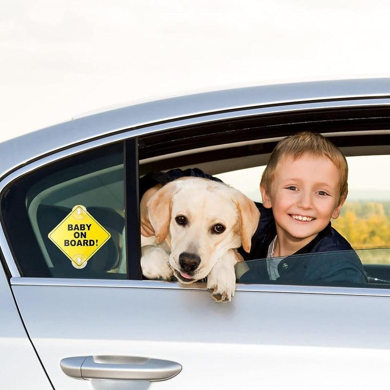 McMola Baby on Board Car Warning Signs, 2 Pcs 5"x5" Safety Car Sign with Double Suction Cups, Baby in Car Sticker for Car Window Cling Reusable Durable Baby on Board Sticker Decal(Style-A)