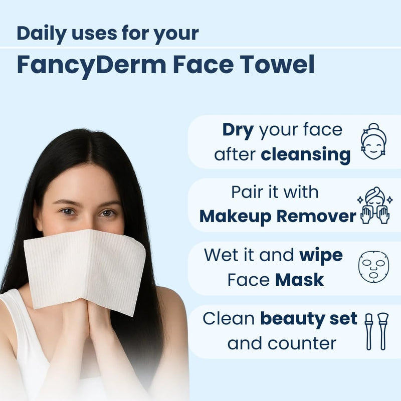 FancyDerm Face Towel Disposable | Cotton Pads | Makeup Remover | Dry Wipes | Soft & Thick | Lint Free Biodegradable | 50 Count