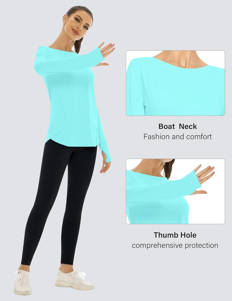 Rapbin Women's UPF 50+ Sun Protection T-Shirts Long Sleeve Boat Neck Workout Lightweight Quick Dry Top with Thumb Hole