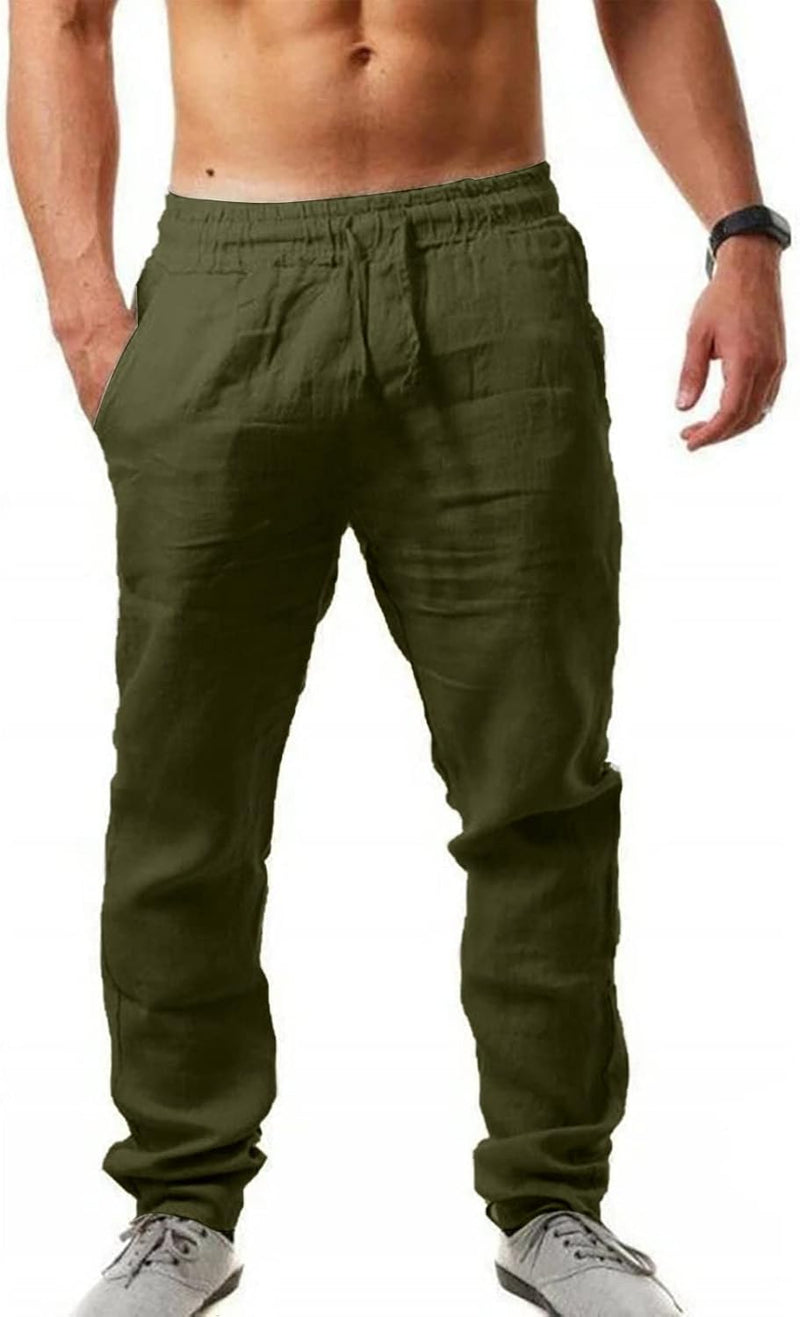 Men's Linen Pants Casual Long Pants - Loose Lightweight Drawstring Yoga Beach Trousers Casual Trousers - 6 Colors - Army Green