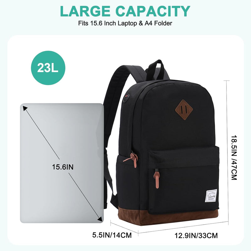 VASCHY Men's Backpack, Women's Waterproof School Bag, Boy Girl Computer 15.6 Inch Vintage for School, College, Work, Travel, Leisure