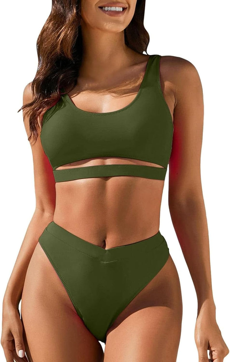 Women's High Waisted Bikini Sets High Cut Bathing Suits Two Piece Sporty Cut Out Swimsuits