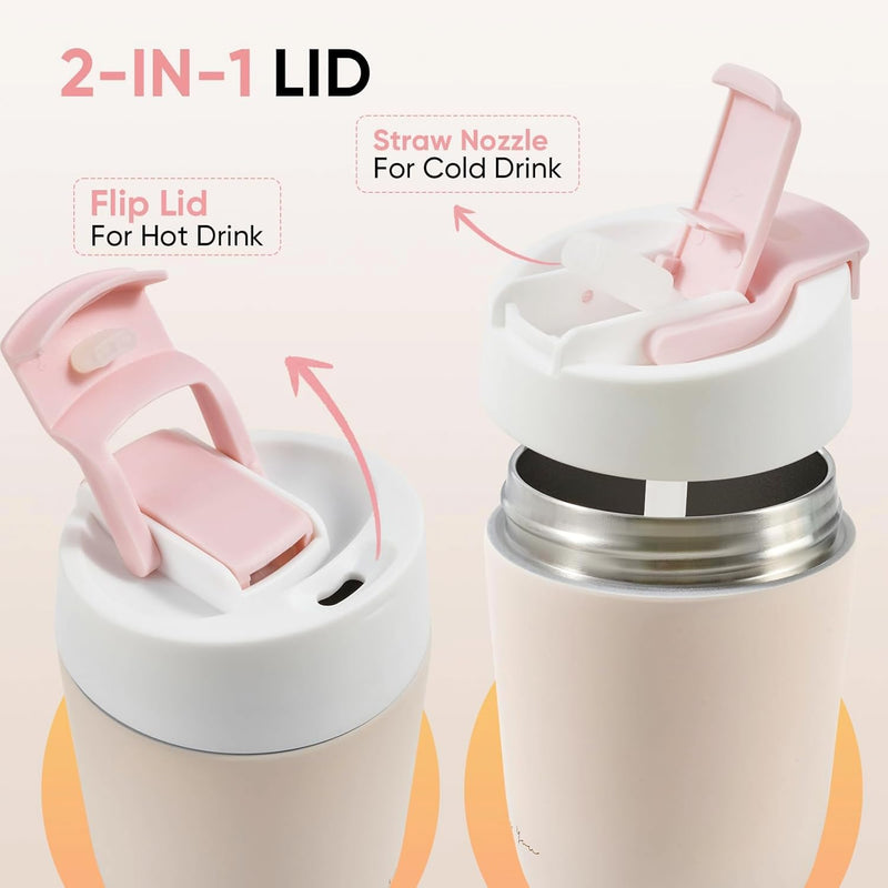 Travel Coffee Mug with Ceramic Coating, 12oz Double Wall Insulated Coffee Tumbler with Lid and Straw, Stainless Steel Leak Proof Tumbler Reusable Coffee Cup for Cold&Hot Drinks, Men Women, Pink