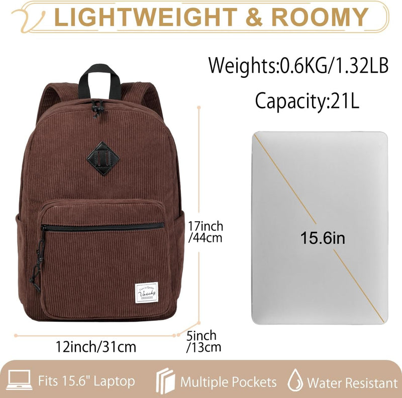 Corduroy Backpack for Men Women, VASCHY Casual Cute Fleece School Bag 15.6 inch Lightweight Daypack for Teens/Men/Women Travel