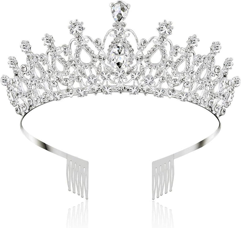 Shining Diva Fashion Crystal Tiara and Crown for Women Stylish Headband Crowns with Comb Tiaras for Girls Kids Queen Princess Wedding Bridal Birthday Gift Hair Accessories - 02 Silver