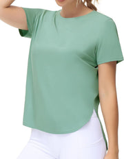 Women's Workout T-Shirts Loose Fit Short Sleeve Cotton Running Basic Tee Tops with Split Hem - Light Green