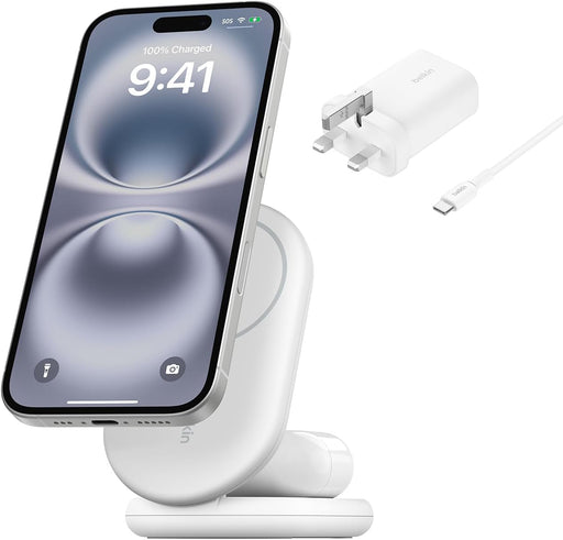 Belkin BoostCharge 2-in-1 Magnetic Foldable Qi2 Charger 15W, MagSafe Compatible Wireless Charger, Fast Charging for iPhone 17, Air, 16, 15, Charging Station with Non-Slip Base, PSU Included - White - White