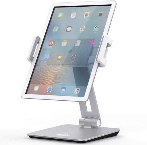 KABCON Tablet Stand Holder, Tightness Adjustable Multi-Angle Foldable Eye-Level Aluminum Solid Tablets Stands Dock for 4''-14''Tablets/Phone, iPad Series,Samsung Galaxy Tabs,Kindle Fire,Etc. - Silver