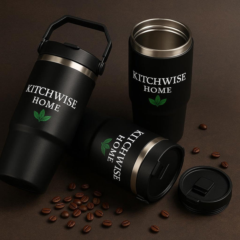 Kitchwise Home 30oz Flip Straw Tumbler with Handle Insulated Stainless Steel Coffee Mug Leak-Proof Insulated Travel Mug for Gym Sports Outdoors Comfort-Grip Handle- BPA free (Black)