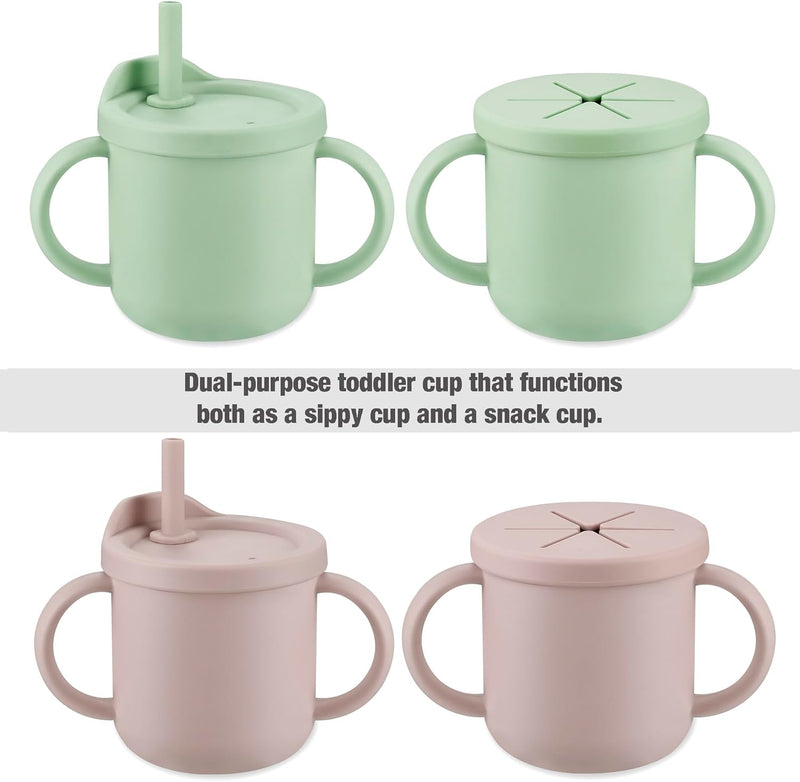 PandaEar 2 Pack Silicone Baby Straw & Snack Cup with 2 Spoons 2 Forks, Dual-Purpose Toddler Training Cups, Pink Green