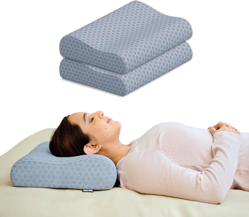 Cervical Neck Pillow Memory Foam for Neck Pain Relief Ergonomic Contoured Design for Spinal Alignment & Posture Ultra-Responsive Foam with Washable Cover Queen, White, 1 Pack - Grey Queen (Pack of 2)