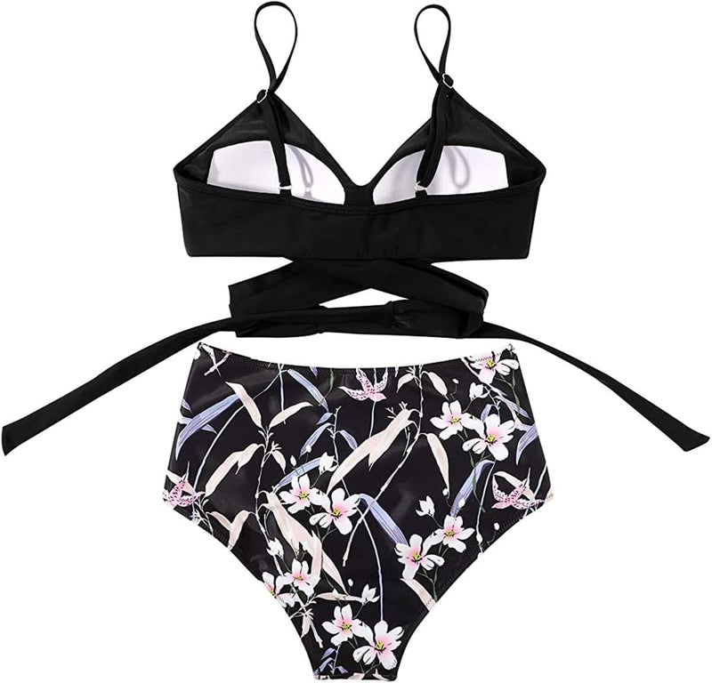 Women High Waisted Wrap Bikini Set Back Tie 2 Piece Swimsuits Low Neck Push Up Bathing Suits Solid Swimwear Print Criss cross Swimming suit Beachwear