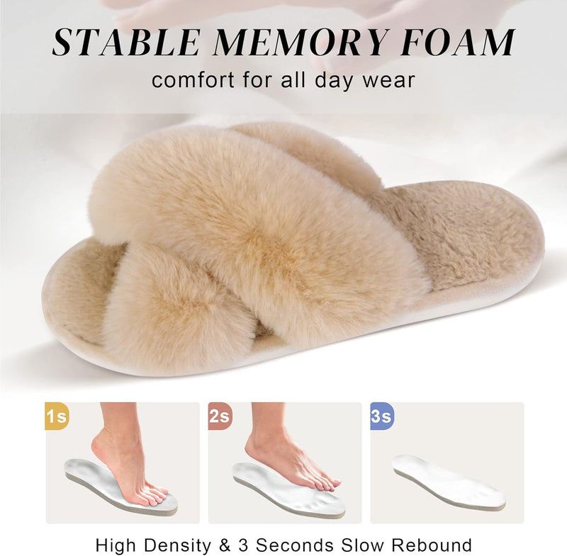 Women's Cross Band Slippers Soft Plush Furry Cozy Open Toe House Shoes Indoor Outdoor Faux Rabbit Fur Warm Comfy Slip On Breathable