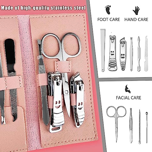 NALACAL Stainless Steel Manicure Set, Nail Clippers Portable Professional Pedicure Kit, Nail Care Tools Grooming Kit with Luxurious Travel Leather for Travel & Home, 10pcs (Pink)
