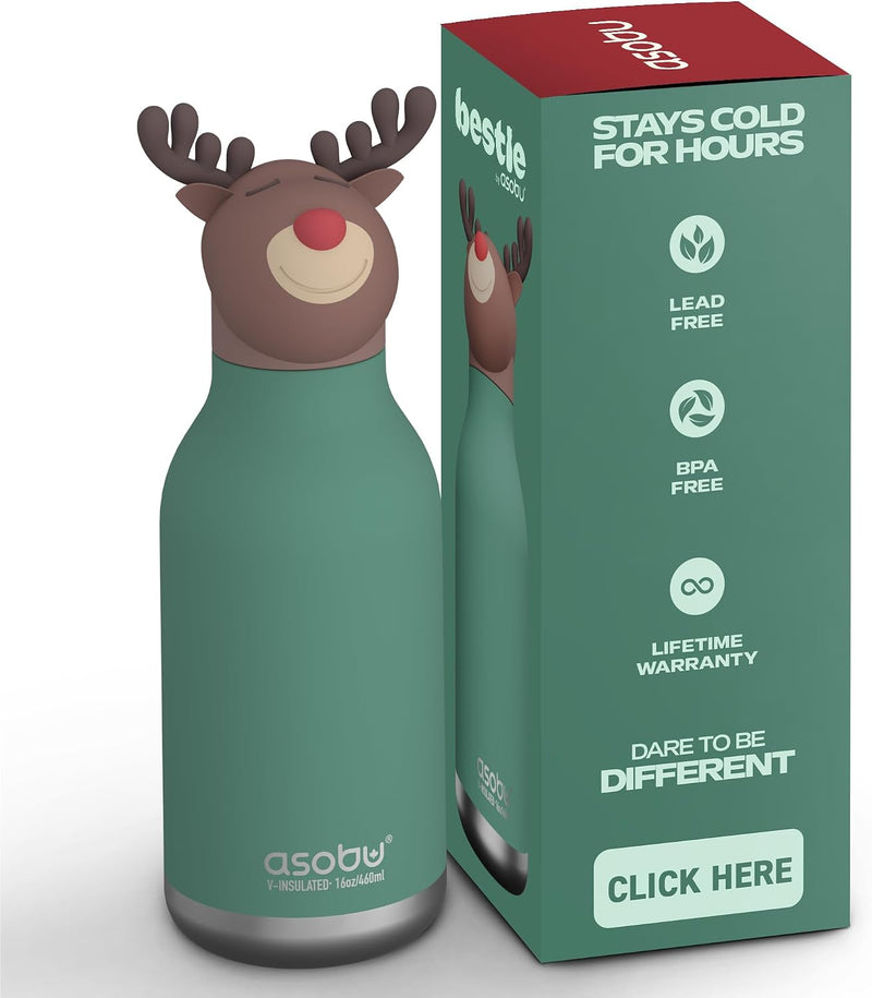 Bestie Bottle Insulated Stainless Steel Water Bottle with Detachable Soft Animal Head Fun Drinking for Kids and Teens with Flexible Reusable Straw 16 Ounce (Dinosaur) - REINDEER Bottle