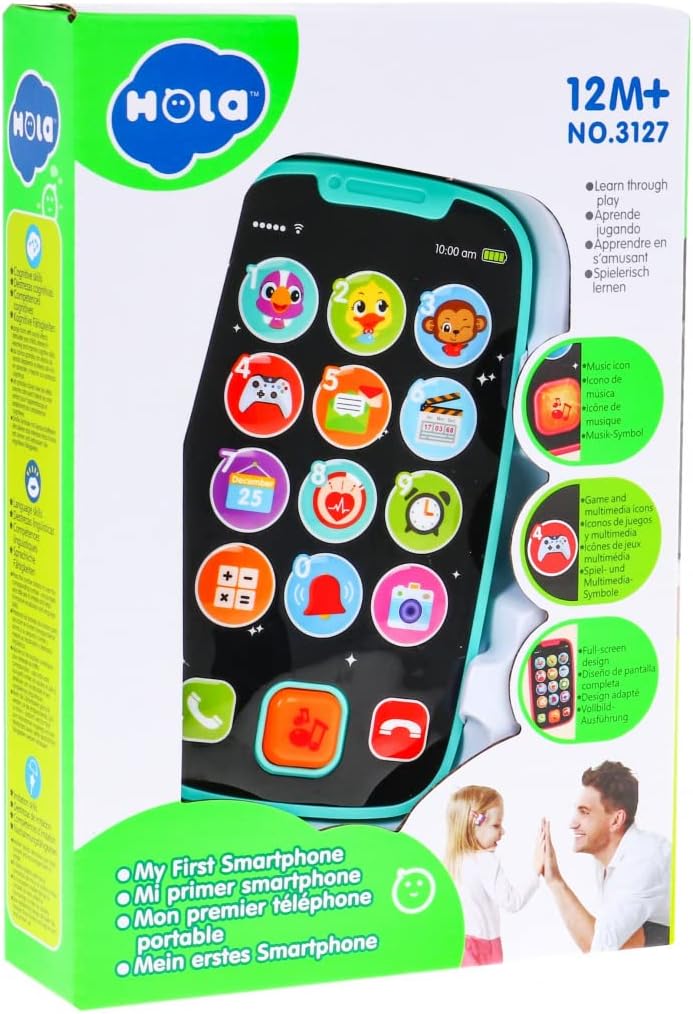 Hola My First Smartphone - Interactive Baby Phone Toy with Fun Sound Effects, Flashing Lights, 8 Melodies, Number Learning, and Durable Design for Toddlers Blue 12M+ - Blue Smartphone