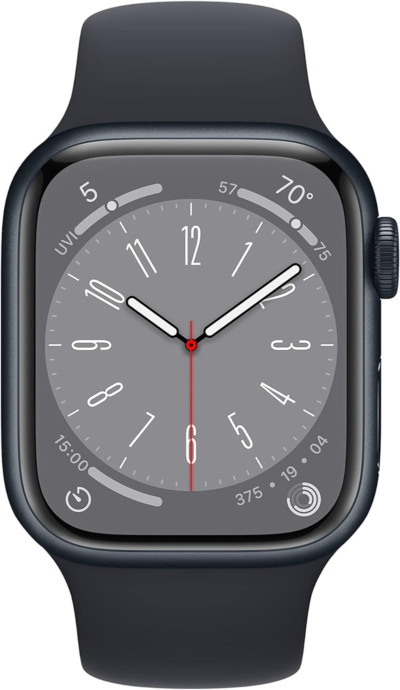 Apple New Apple Watch Series 8 (GPS 41mm) Smart watch - Midnight Aluminium Case with Midnight Sport Band - Regular. Fitness Tracker, Blood Oxygen & ECG Apps, Water Resistant (Renewed)