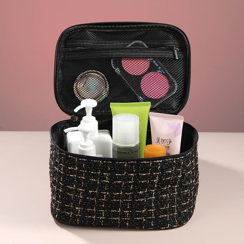 ZABEES Travel Makeup Bag,Large Capacity Cosmetic Bags,Waterproof Portable Pouch Open Flat Toiletry Bag Make up Organizer with Divider and Handle Bag for Women and Girls (Bright white check)