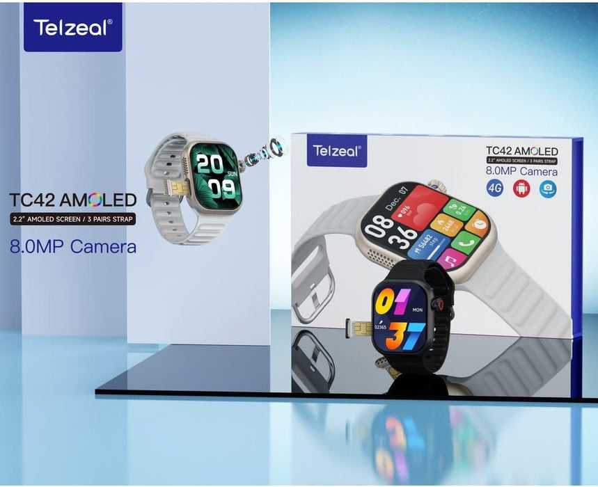 Telzeal TC42 AMOLED 4G 2.2 Inch AMOLED Display Smartwatch with 8MP Camera Sim card Slot 3 Pair Straps and Charging Cable Designed for Ladies and Gents (Silver)