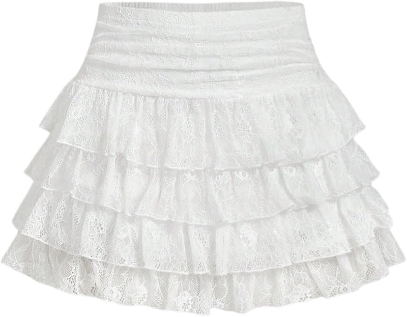 Women's Lace Tiered Ruffle Mini Skirts Low Waist A Line Layer Hem Y2k Party Skirt - White