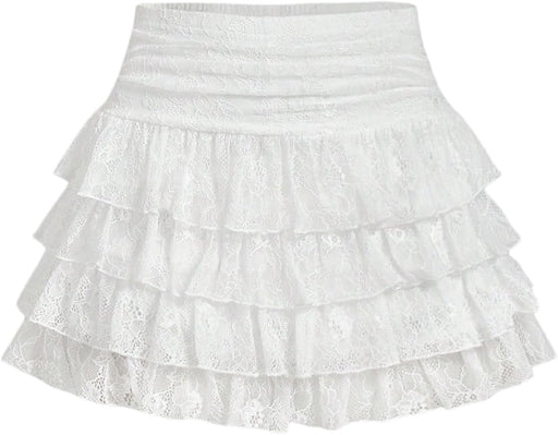 Women's Lace Tiered Ruffle Mini Skirts Low Waist A Line Layer Hem Y2k Party Skirt - White