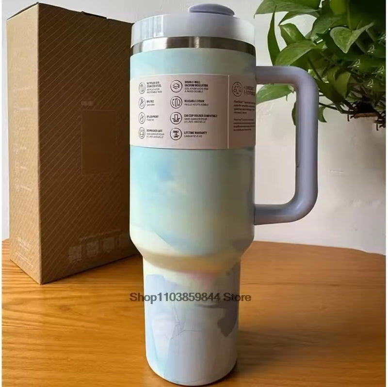 Quencher H2.0 FlowState Stainless Steel Vacuum Insulated Tumbler with Lid and Straw for Water, Iced Tea or Coffee, Smoothie and More, 40 oz (Rose Quartz) (Floral Blue)