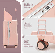 4-Wheel Checked Luggage with Seat for Kids, Travel Suitcase with Adjustable Handle and Hard Shell, Ride-On Suitcase with Child Seat Design for Family Travel, 22 Inch, Pink