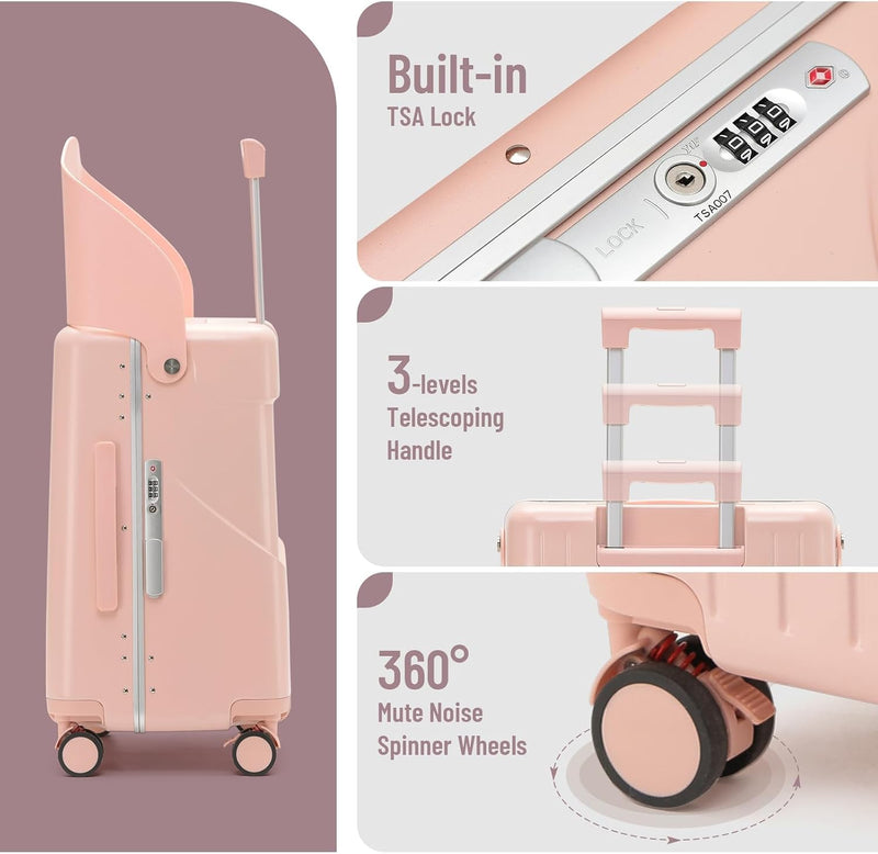 4-Wheel Checked Luggage with Seat for Kids, Travel Suitcase with Adjustable Handle and Hard Shell, Ride-On Suitcase with Child Seat Design for Family Travel, 22 Inch, Pink