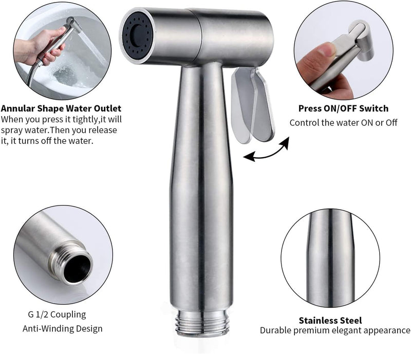 BEONE Handheld Shattaf Set, BEONE Stainless Steel Brushed Toilet Shattaf Baby Cloth Diaper Wash Shower Sprayer Head, for Flush Toilet, Pet Bath, Washing Car, Personal Hygiene