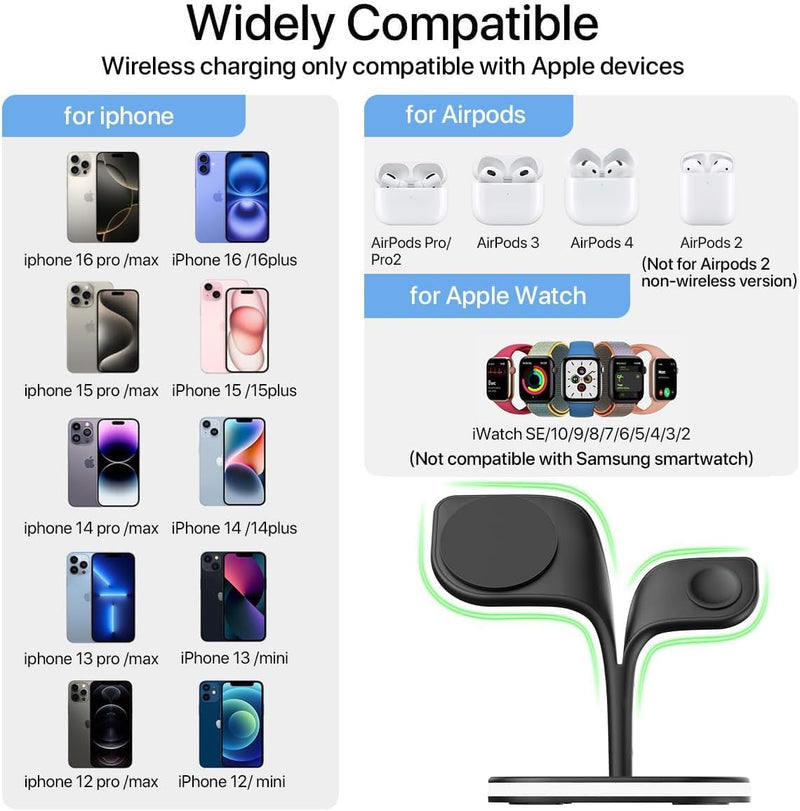 2025 3 in 1 Wireless Charging Station, Foldable Wireless Charger for Multiple Devices iPhone 16/15/14/13/12 Pro Max Plus Watch 1-9 AirPods (Black) - Black
