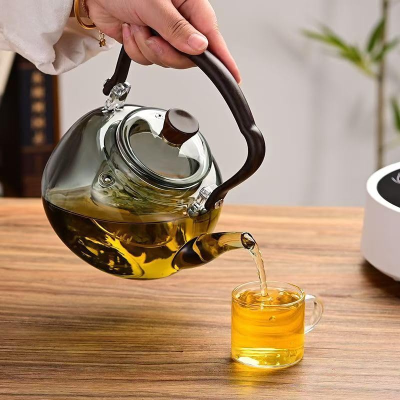 black 1L Borosilicate Glass Teapot Stovetop safe ï¼ŒLoose Leaf and Blooming Tea Maker, Christmas GiftGlass Tea Kettle with Wooden Handle,Large Size for Women and Adult (black teapot)