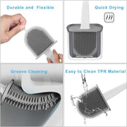McMola Silicone Toilet Brush and Holder Set - No-Drill Wall Mounted or Freestanding Bathroom Scrubber, 360 Flexible TPR Bristles for Deep Under-Rim Cleaning, Quick-Drying & Anti-Drip (White)