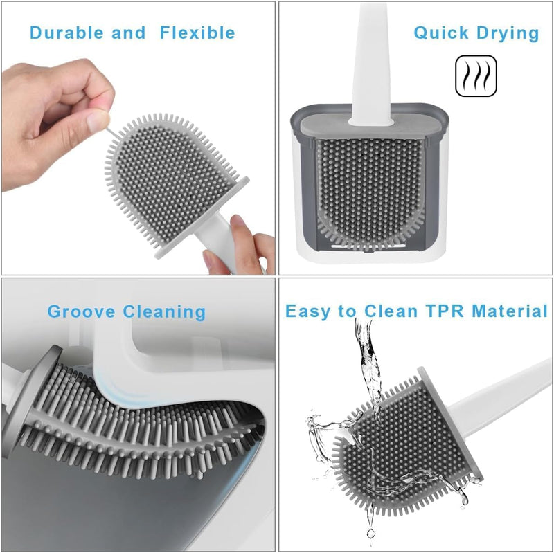 McMola Silicone Toilet Brush and Holder Set - No-Drill Wall Mounted or Freestanding Bathroom Scrubber, 360 Flexible TPR Bristles for Deep Under-Rim Cleaning, Quick-Drying & Anti-Drip (White)
