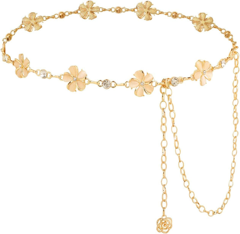 Azonee Metal Waist Chain Belts for Women Pearls Gold Silver Chain Belts for Dresses Adjustable Ladies Metal Body Link Belt