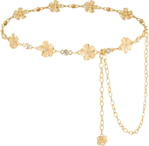 Azonee Metal Waist Chain Belts for Women Pearls Gold Silver Chain Belts for Dresses Adjustable Ladies Metal Body Link Belt