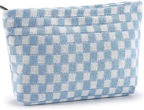 ZLFSRQ 3Pcs Checkered Makeup Bag for Women Large Cosmetic Bag Set Travel Toiletry Bag Makeup Pouch Bag for Purse Pink Zipper Storage Bag Organizer Cute Small Aesthetic Girls Car Essentials Bag
