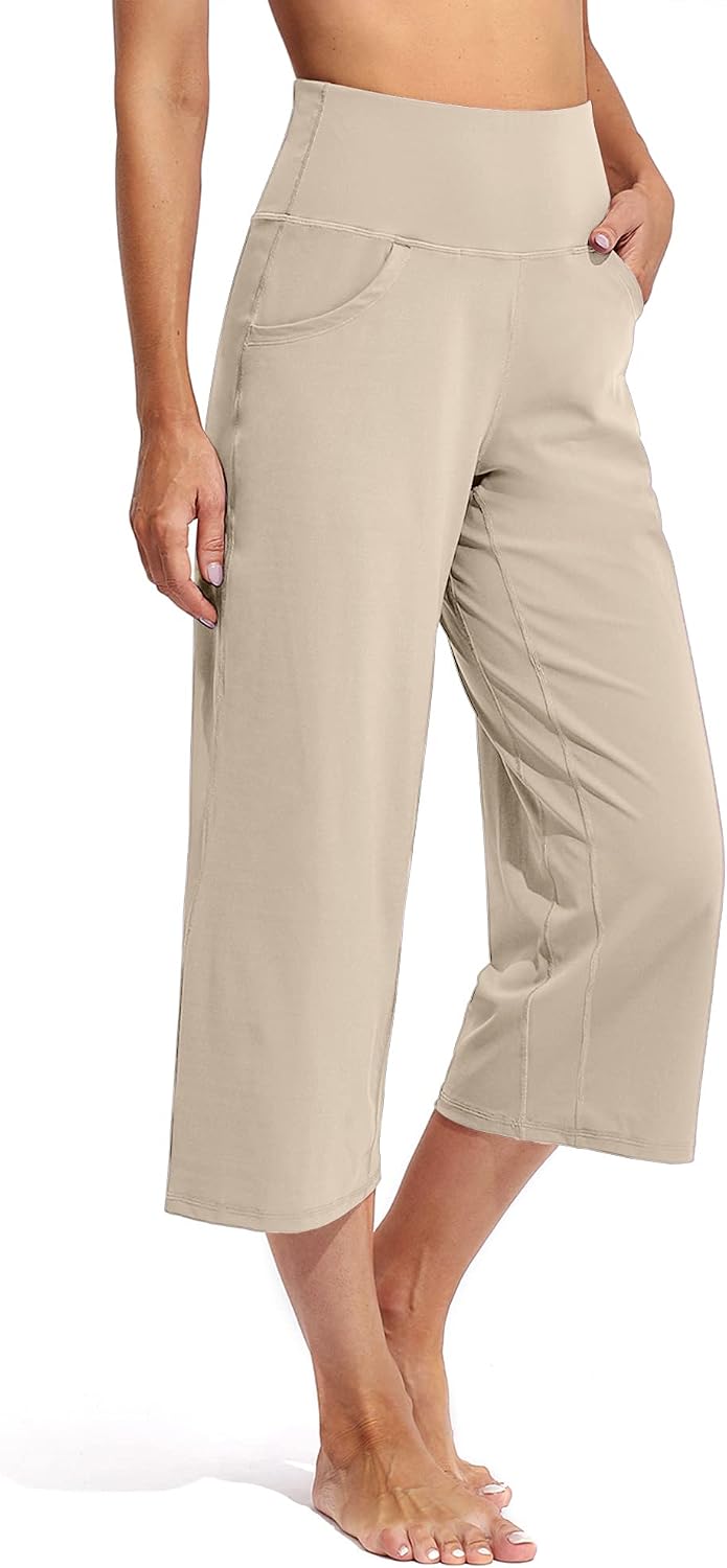 Women Yoga Pants Activewear Leggings Trousers with Pockets Stretch Loose Casual Wide Lounge Sweatpants Petite/Regular/Tall - Capri Pants-light Khaki