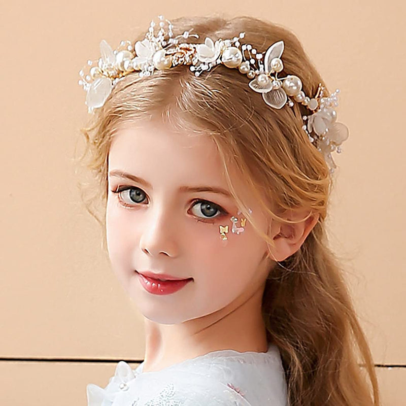 JWWYJ Princess Flower Crystal Headpiece Rhinestone Pearl Headband Alloy Floral Bridal Hair Accessories Communion Wedding Prom Photography for Girls and Women