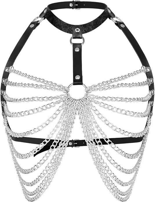 Women's Punk Choker Layered Chest Chain Leather Belt Chain Body Harness Bra Party Jewelry Accessories