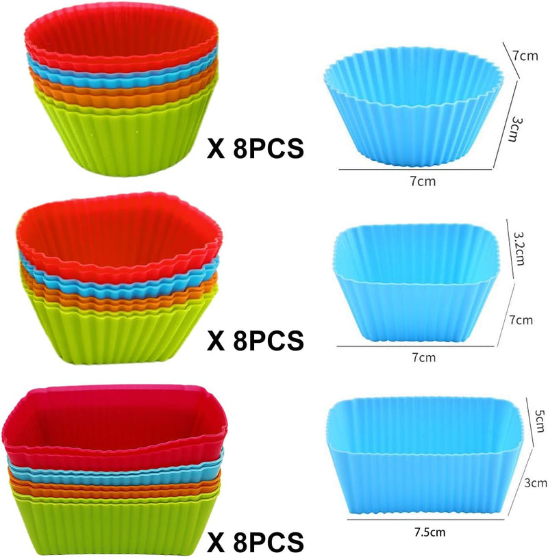 44 Pcs Silicone Lunch Box Dividers Set, Includes 24 Reusable Silicone Cupcake Baking Cups and 20 Cute Animal Food Picks, Non-stick Muffin Liners for Party