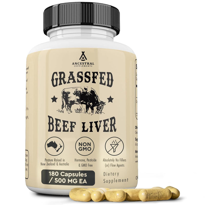 Ancestral Supplements Grass Fed Beef Liver Desiccated Natural Iron, Vitamin A, B12 for Energy (180 Capsules)