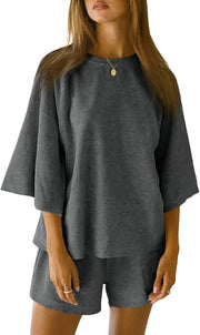 Womens Pajama Sets 3/4 Sleeve Oversized Tops and Elastic Waist Shorts Lounge Sets Loungewear - Dark Grey