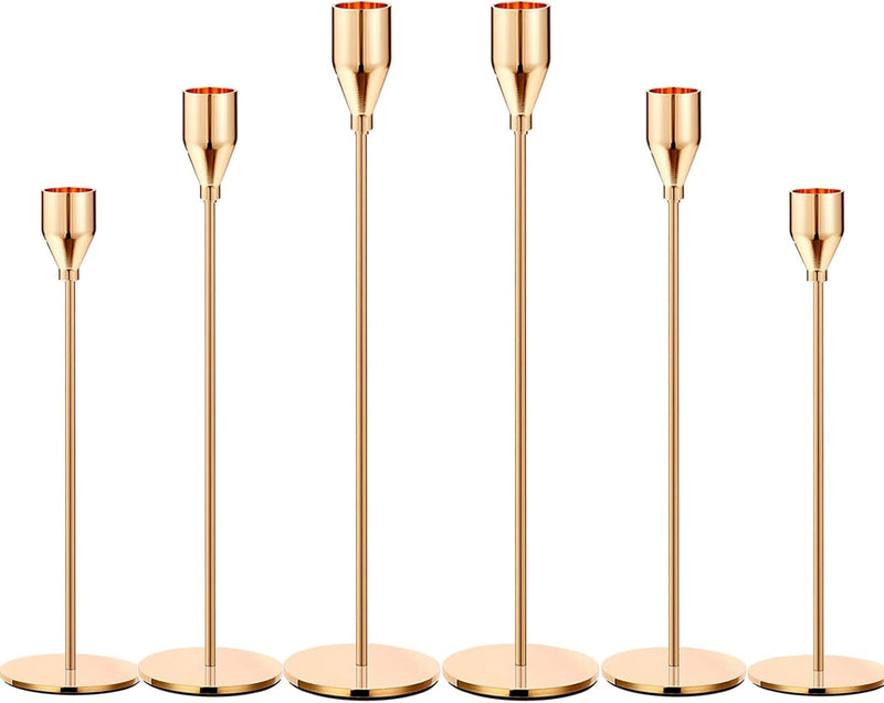 6PCS French Honey Gold Candle Holders,Set of 6 Tall Taper Candlestick fit for 3/4" Thick Pillar Candle&Led Modern Metal Candle Stands Decorative Table Centerpieces for Dinning Party Church,Decorative
