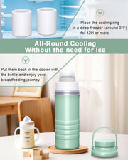 22oz Portable Breast Milk Cooler for Outdoor, Life Saver with 360 Total Cooling Gel Ice Pack for 24 Hours, Baby Travel Breastfeeding Essential Chiller with 2pcs Bottles for Breastmilk Storage, Green