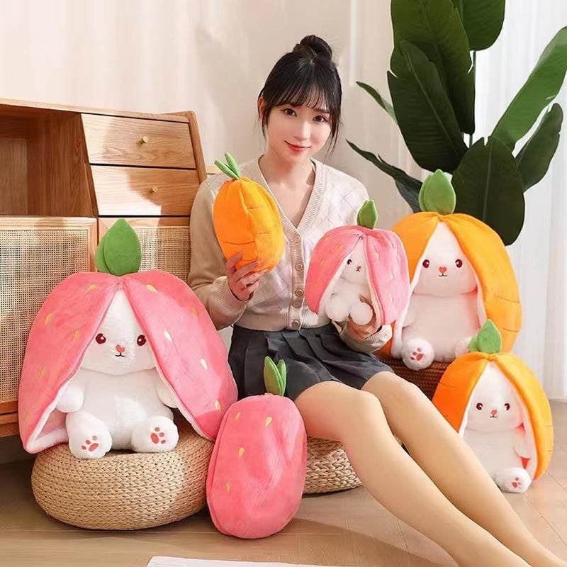 AMERTEER Strawberry Bunny Plush Toy Cute Transformed Bunny Doll Fruit Rabbit Pillow, Small Soft Plush Pillow for Kids Girls, Transformable Fruit Rabbit Toy (18cm)