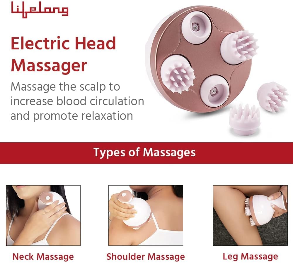 Lifelong LLM225 Rechargeable Head, Scalp Full Body Pain Relief Massager, Electric Head Kneading Massager,4 Speed Modes,Handheld Portable Head Scratcher for Hair Growth,Deep Clean & Relaxation,Brown