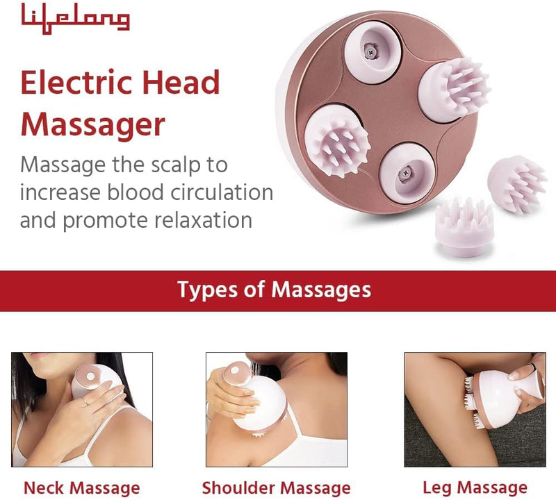 Lifelong LLM225 Rechargeable Head, Scalp Full Body Pain Relief Massager, Electric Head Kneading Massager,4 Speed Modes,Handheld Portable Head Scratcher for Hair Growth,Deep Clean & Relaxation,Brown