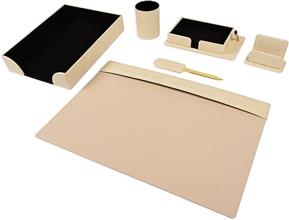 FIS Executive Desk Set with Italian PU Materials, Set of 6 Pieces Desk Set Organizer, Cream Color, Pack in Gift Box-FSDS181CR