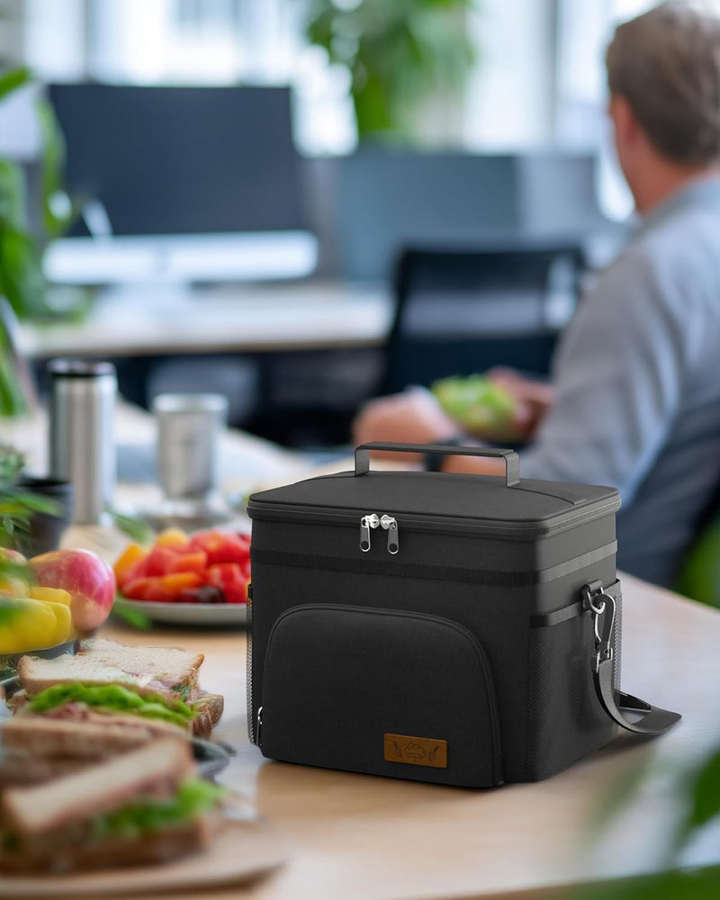Insulated Lunch Box for Men & Women - Leak-Proof Cooler Lunch Bag with 4 Pockets, Adjustable Strap, Ideal for Work, Picnic, Travel - Medium, Black, 10.2"6.9"8.5"